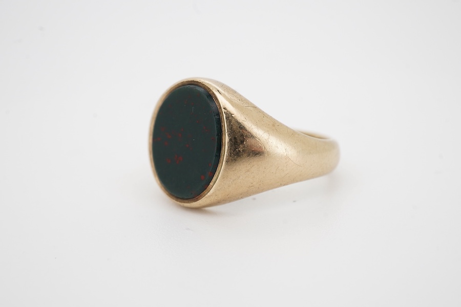 A 9ct gold and bloodstone signet ring, size P1/2, British hallmarks, gross weight 6 grams, Condition: fair, some light wear, shank misshapen